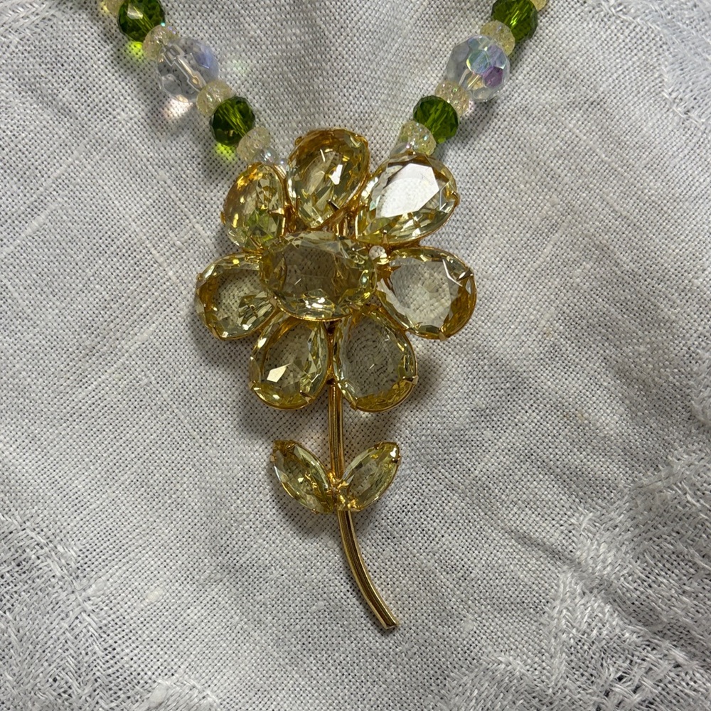 Crystal Flower Pendant Necklace - Gold Tone Yellow Floral Design